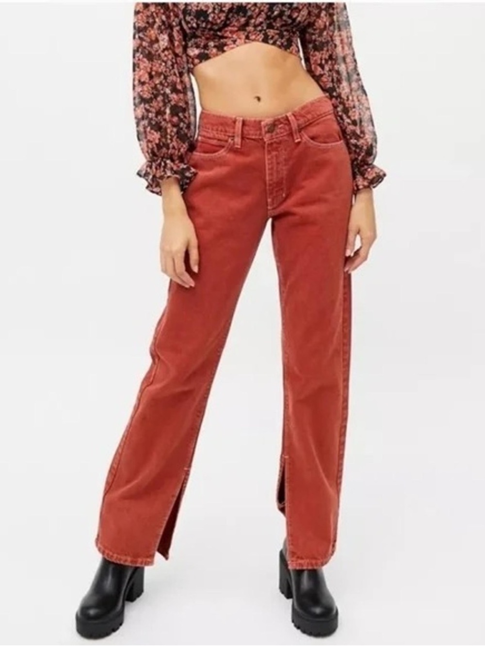 BDG Rust-Red Straight-Leg Jeans with Front Slits